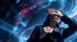 © Atika Khan - Businesswoman shielding her eyes in a futuristic blue digital environment, surrounded by glowing data arcs, red light trails, and abstract luminous particles, conveying a high-tech atmosphere
