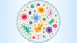 © AktarulHaque - Laboratory petri dish filled with vibrant colorful growing cell cultures and bacteria, flat vector illustration for scientific research, microbiology, biotechnology, and healthcare concepts.