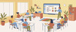 © MdRubel - Flat Vector Illustration of a Modern Language Classroom with Diverse Students and a Digital Smart Board Showing Foreign Vocabulary During a Collaborative Educational Learning Session