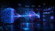 © Anik - Futuristic abstract big data visualization with glowing blue digital particles and complex network connections representing global information flow and high-speed internet technology concept.