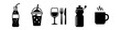 © Nort Kor - Minimalist black icons of soda, smoothie, wine glass with cutlery, water bottle, and coffee mug. High-contrast vector set for food and beverage signage.