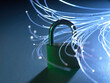 © Connect Images - Padlock with glowing fiber optic strands representing data security and internet.