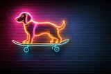 Neon dog on skateboard against brick wall