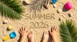 © shamira - Summer 2026 text written in sand with child hands and feet on beach