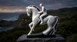 © MohonaAkhter - White Abstract Horse and Rider Statue on Coastal Cliff at Sunset