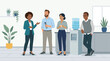 © Aries - A lively flat design illustration showing diverse employees enjoying friendly small talk and laughter around a water cooler in a modern office pantry.