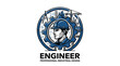 © Ulfi - Engineer Portrait Inside Gear with Industrial Cityscape and Crane