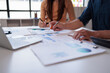 © Aompix - Two business analysis summary graph reports of business account, net profit to plan operating expenses and work data about the company's financial statements.