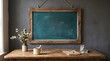 © Sadia islam Bristi - Empty chalkboard with teachers day supplies on a wooden table education concept