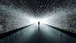 © tai - A silhouetted person stands in a long digital corridor, surrounded by glowing particle streams leading to a bright distant light, creating a surreal futuristic scene.