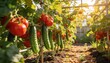 © Николай Чайка - Senior woman tending to vibrant tomato and cucumber plants in a well-maintained garden, sunlight filtering through the leaves creating a warm atmosphere
