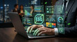 © Kudrat - Business professional analyzing ESG data on laptop with holographic financial icons in modern office