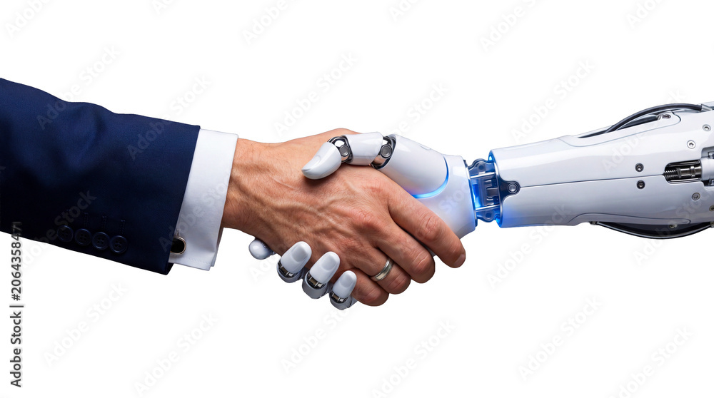 White cyborg robotic hand shaking hands with a human businessman hand ...