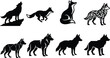 © MstMinara - Wolf and fox vector icon set featuring black silhouettes of howling wolves wild coyotes and running foxes in diverse design styles including low poly geometric and tribal line art