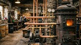 Intricate Copper Piping System in a Vintage Industrial Workshop with Steam Machinery