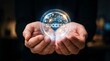 © SHORON - Human hands holding glowing glass sphere containing digital icons and text symbols for business growth development.