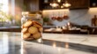 © Kristina - Glass jar filled with delicious cookies on a marble kitchen countertop with warm sunlight streaming in