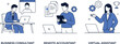 © Ryad - Business consultant remote accountant and virtual assistant character set working online with laptop and digital documents vector illustration
