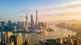 Aerial view of Shanghai city skyline and beautiful natural landscape in the morning