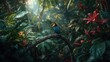 © The 2R Artificiality - Tropical rainforest bird toucan perched on a branch amid dense leaves
