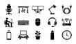 © Asset Aura - Modern workspace icons set, 15 office equipment vector symbols, ergonomic desk and computer hardware glyphs for remote work and home office