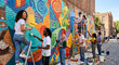 © Slowlife  - Diverse friends cooperating to paint vibrant abstract mural on urban brick wall.