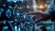 © zain - Closeup of a businessman interacting with a futuristic digital interface, touching a holographic screen with data network icons