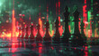 © HumblePride - Chess Strategy in Neon City: A strategic game of chess unfolds on a reflective surface, with the pieces illuminated by the vibrant red and green lights of a futuristic cityscape.