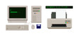 © INODE - 90年代レトロ・ブラウン管モニター＆タワーPC・プリンター・フロッピーディスクセット・ノスタルジックフラットイラスト・昭和平成回顧・記事・ブログ用ベクター素材
