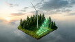 © Asanai - Floating green forest island with wind turbine and glowing green growth chart infographic