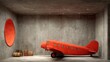 © Ika - Vividly colored antique aircraft rests inside a stark industrial storage space with a round opening.
