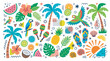 © SINIKI - A vibrant collection of tropical summer elements including palm trees, parrots, fruits, flowers, and beach items on a white background.