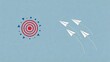 © Chroma - White paper airplanes flying towards red target bullseye on blue background, symbolizing business goals, marketing strategy, success achievement, mission focus, team direction