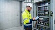 © Oleg - Professional electrician inspecting electrical control cabinet with tablet in industrial plant. Caucasian specialist checking wiring, breakers and automation equipment during maintenance work.