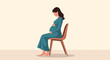 © Zahid - Profile view of a pregnant woman in a long teal dress sitting on a wooden chair and gently holding her belly in anticipation of motherhood.