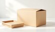 © Nurita - A brown cardboard box and its open lid sit on a white surface with sunlight casting shadows.