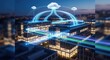 © Sourithideth - Glowing data streams connect modern glass buildings on a smart campus at night, showcasing advanced IoT networking and digital technology, architecture, cloud, electronic