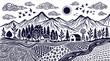 © Pronob Kumar Ray - Rural landscape illustration with mountains, trees, fields, and a barn, conveying a sense of natural beauty and agricultural life