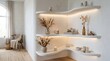 © photoplotnikov - Curved built wall shelves styled with neutral decor, vases, dried pampas and candles in bright minimal interior; warm daylight and soft textures create calm cozy modern living room ambiance