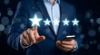 © Muhammad - Businessman giving five star rating on virtual screen using smartphone for customer feedback service