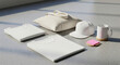 © Hammad - Minimalist white apparel mockup set, blank t-shirt and tote bag branding collection, clean streetwear merchandise kit on concrete