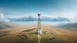© artkanda - Aerial view of a radio tower standing tall, mountains in the distance, on a grassy plain
