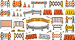 © SM - Road barrier and traffic construction safety vector collection set with orange barricades fence cones guardrails and warning signs isolated on white background for street security