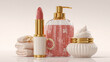 © จรัญ กาษาวัต - Elegant cosmetic products displayed in a studio setting, including lipstick, lotion, and soap dispenser, with soft lighting and a neutral background