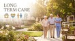© TensorSpark - Elderly couple with caregiver walking outdoors in a sunny garden of a retirement housing long term care community, showing support mobility and social well being.