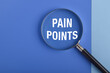 © Mulad Images - Magnifying glass highlighting Pain Points text on blue background, representing customer problems, business analysis, user experience research, market insights, and solutions.