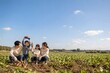 © snow-aiai - 秋のさつまいも畑で芋掘り体験を楽しむ家族4人 食育と収穫の喜びイメージ（AI生成）
