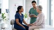 © Ethan - Nurse holding hand of elderly patient, compassionate care moment, doctor reviewing tablet, hospital room setting, senior health consultation with empathy and support