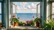© Reni - Beautiful sea view with sailboats through an open rustic wooden window with blooming flowers