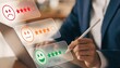 © mohammedsalim - Customer feedback forms with star ratings and emoticons are being interacted with by a person client reviews rating system